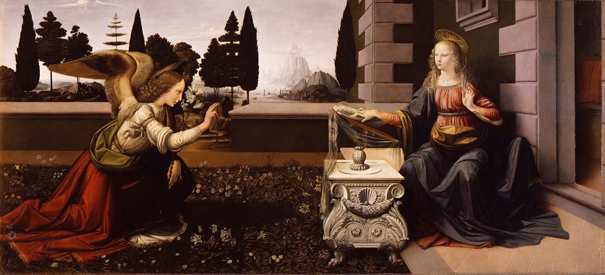 Leonardo da Vinci – The Annunciation (c. 1472–1475), Uffizi Gallery, Florence. One of the most recognizable depictions of Gabriel in Western art, easily found via museum and Wikipedia sources.