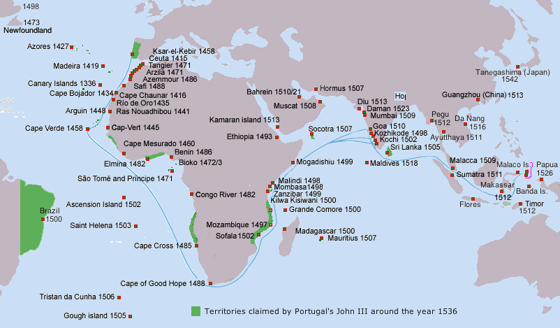 Portuguese voyages: places with first arrival dates